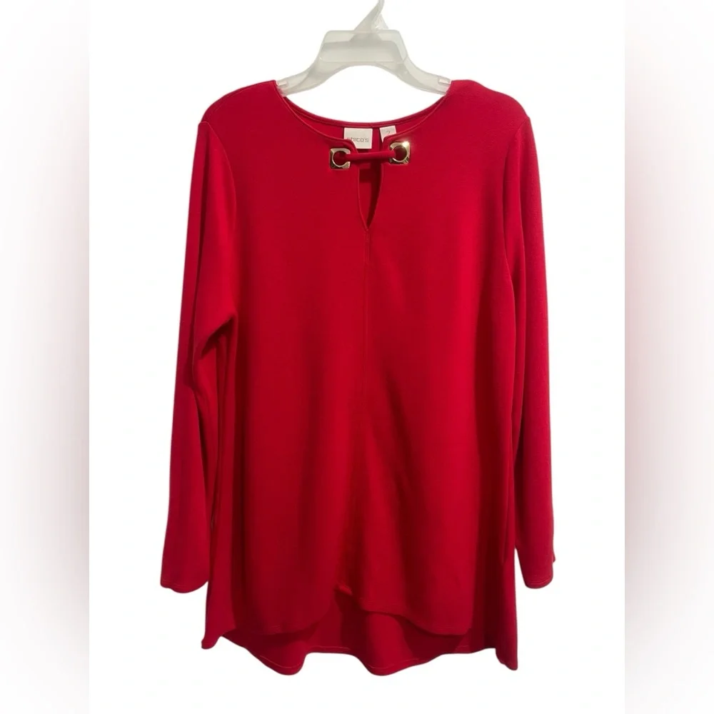 Chico's Red Long Sleeve Tunic Top Size 12 - Picture 1 of 11
